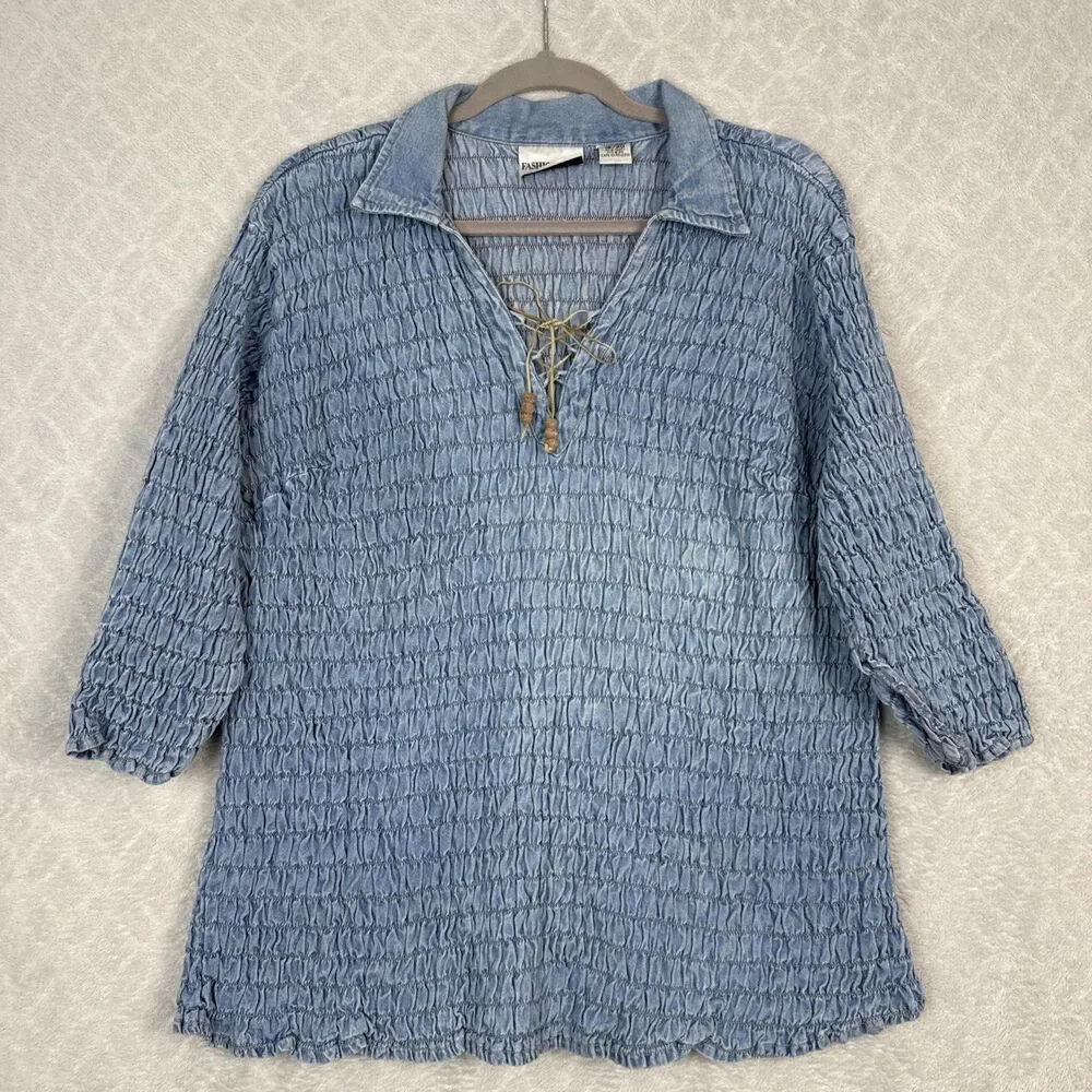 Vtg Fashion Bug Denim Top Women 18/20 Blue Jean Lace Up Boho Renaissance Prairie